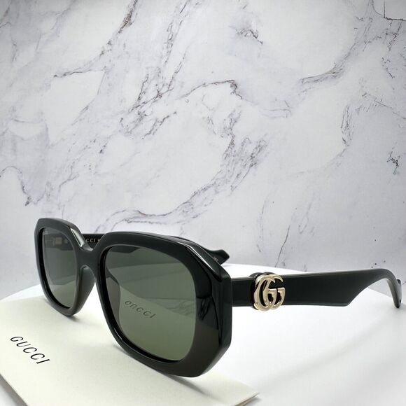 New Gucci Sunglasses Black Rectangular Square Gold Metal GG Logo 54mm - Picture 13 of 16